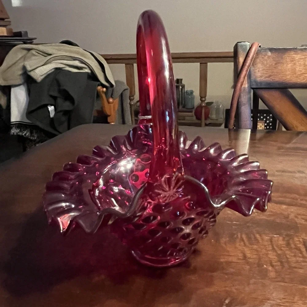 Vintage Fenton Ruby Red Hobnail Glass Basket‎ with Ruffled Edge & Handle TAGS